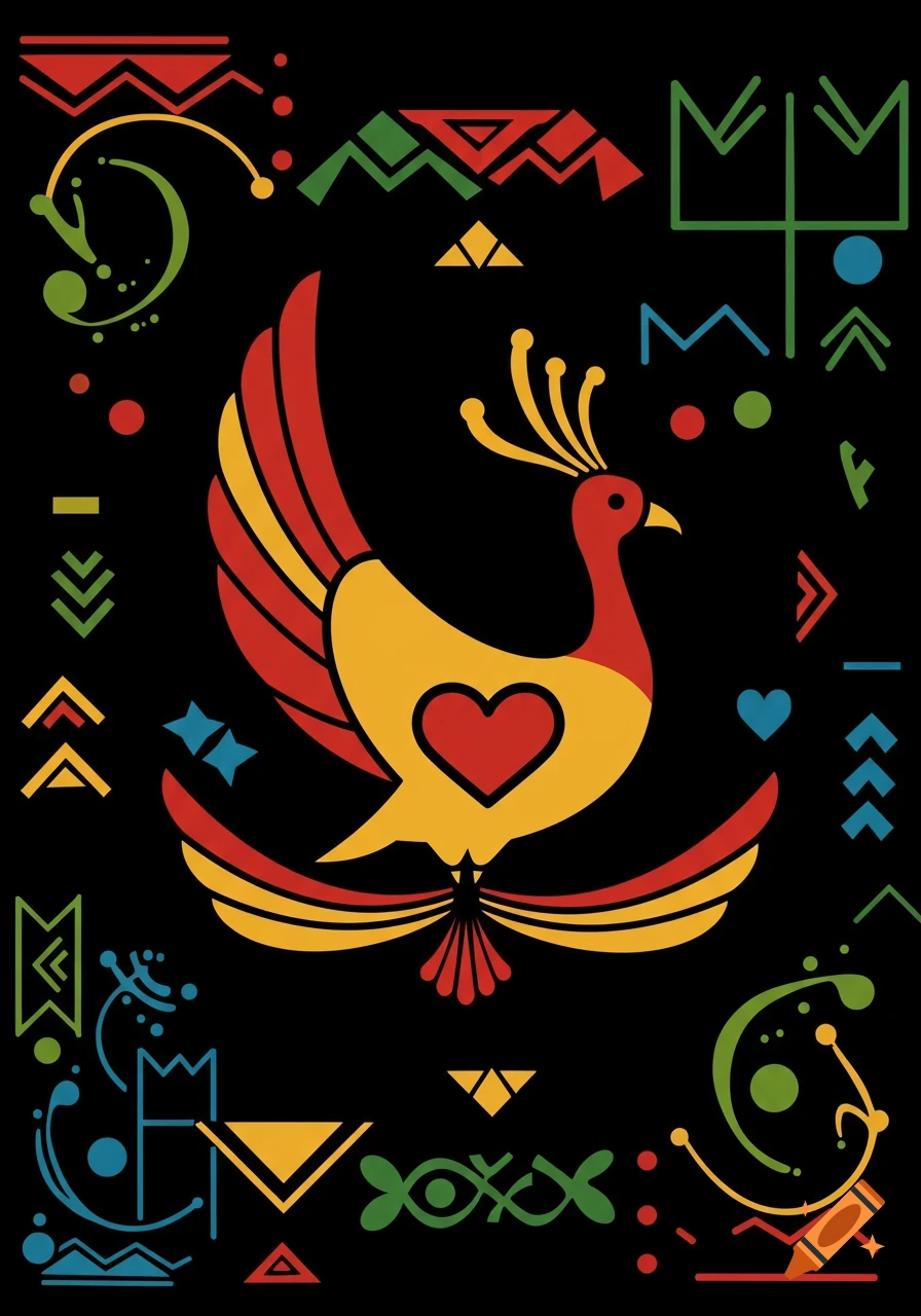 A stylized Sankofa bird with a heart on its chest, surrounded by colorful geometric patterns on a black background, in a flat graphic design style.