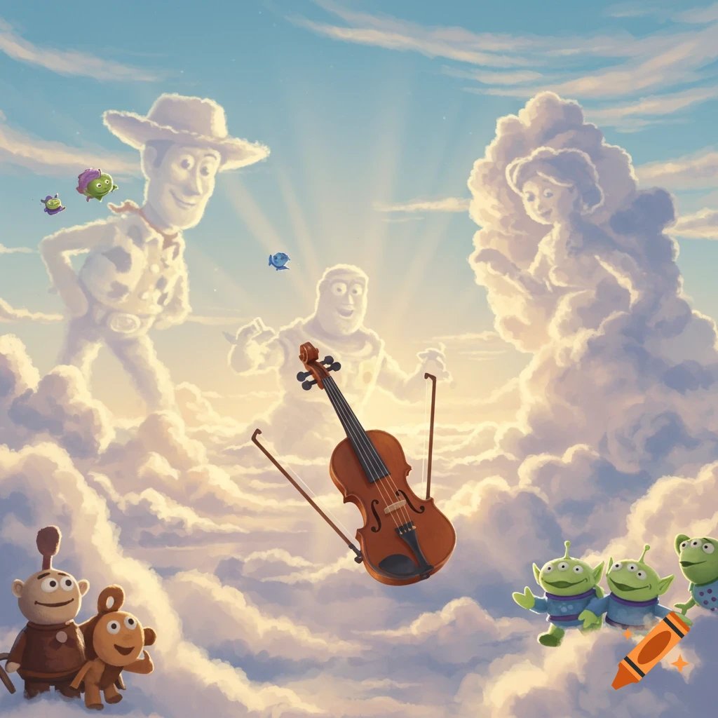 Woody, Buzz, and Bo Peep as clouds in a bright blue sky with a floating violin and Toy Story aliens below.