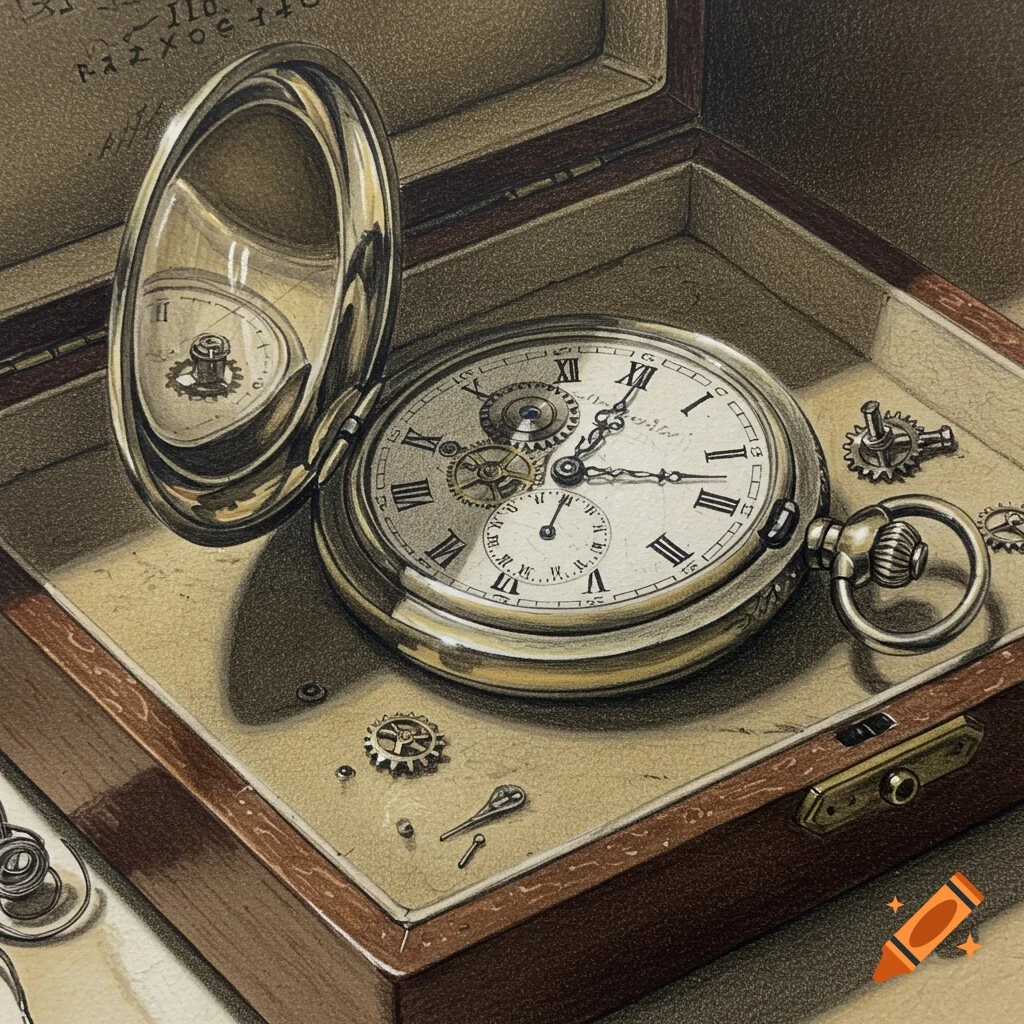 A detailed colored pencil sketch of an open antique pocket watch nestled in a velvet-lined wooden box, with loose gears beside it.