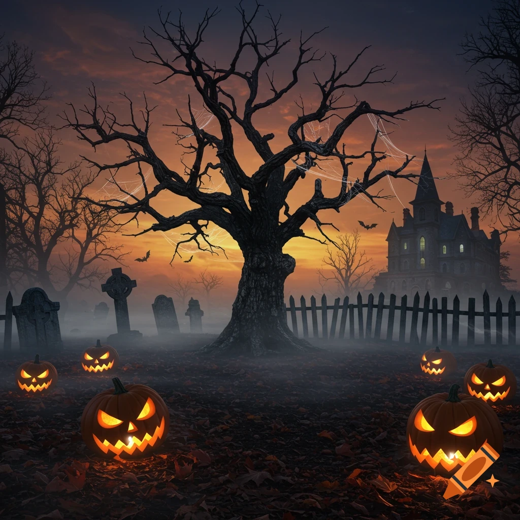 A spooky Halloween scene with glowing jack-o'-lanterns, a haunted house, a bare tree, and gravestones under an orange sky.