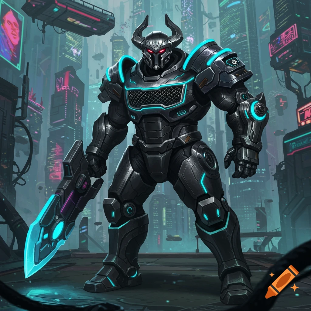 A heavily armored futuristic warrior with glowing blue accents and large horns stands in a neon-lit cyberpunk city, holding a glowing energy sword.