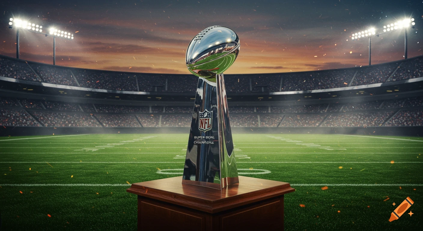 A photorealistic image of the Vince Lombardi Trophy on a wooden pedestal on a football field in a brightly lit stadium at dusk.