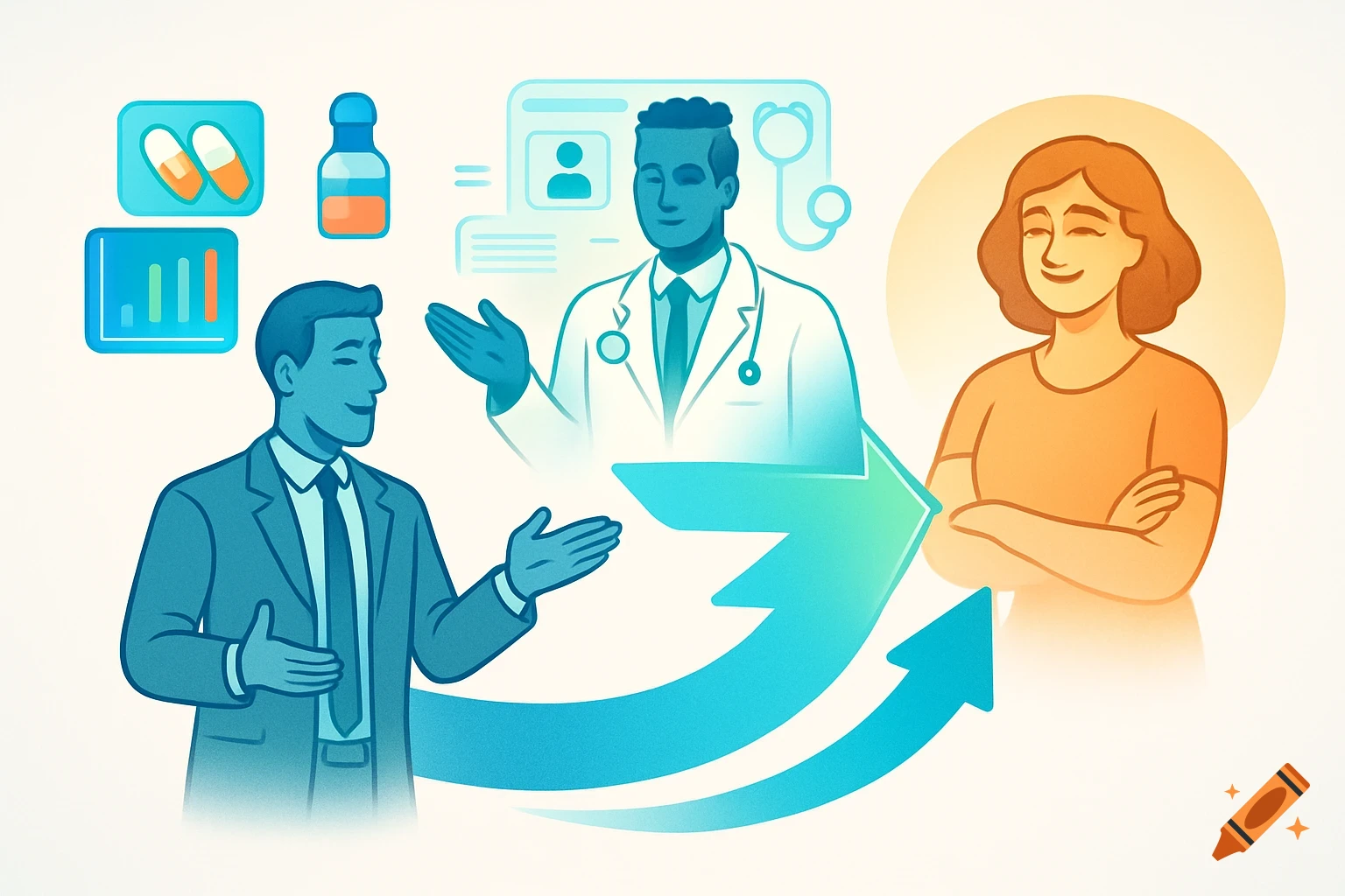 Diagram illustrating a medical sales representative, healthcare provider, and patient, with medical and data icons.