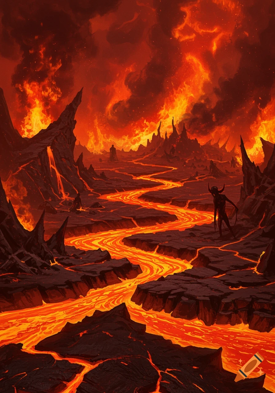 A digital painting of a hellish landscape with a winding river of orange lava, jagged black rocks, and a sky filled with red flames.