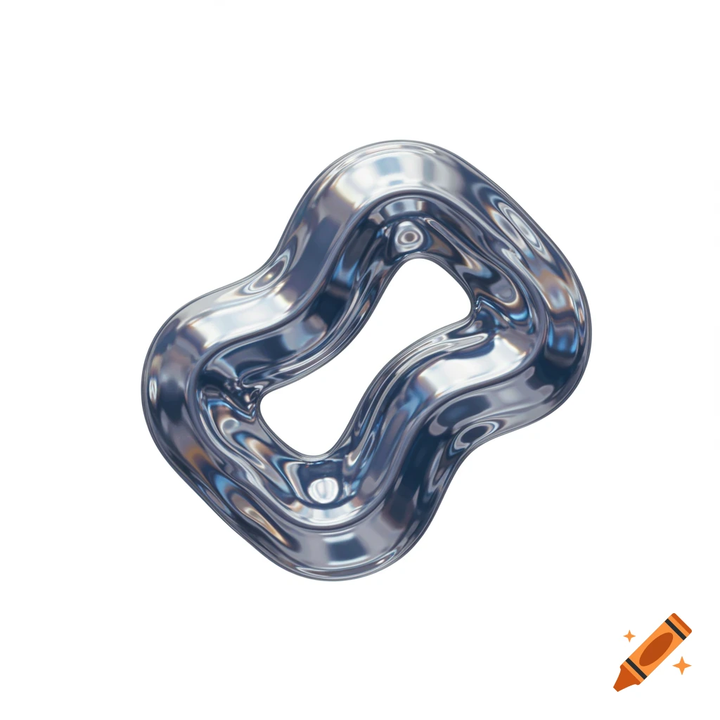 A shiny, silver, abstract metallic shape resembling a wavy, stretched loop, rendered in 3D on a white background.