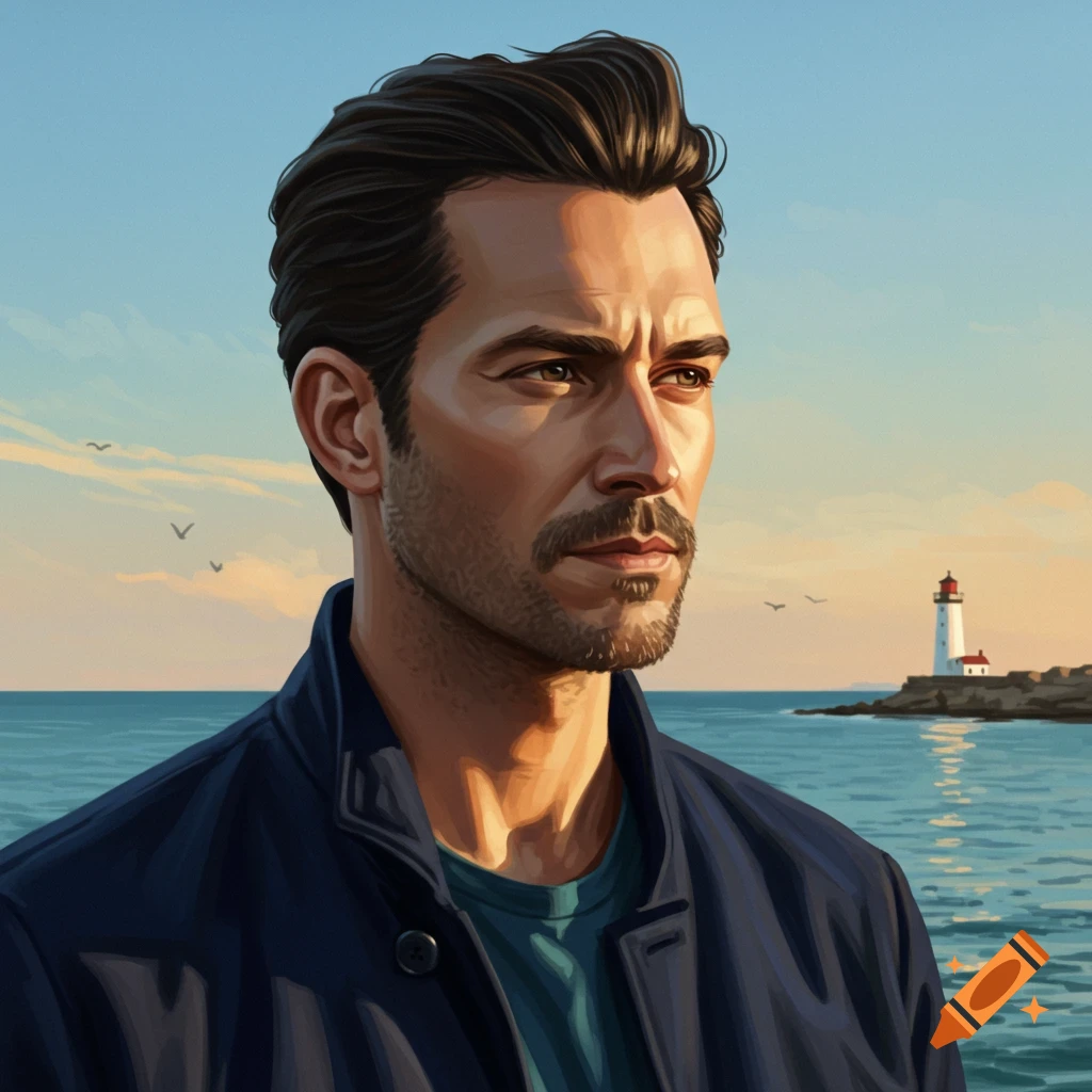 A digital painting of a man with dark hair and a beard looking out at a sea with a lighthouse in the background at sunset.