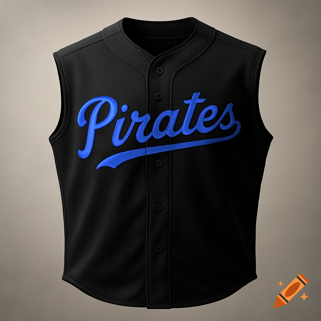 A black baseball jersey with cut off sleeves featuring the word 'Pirates' in royal blue cursive.