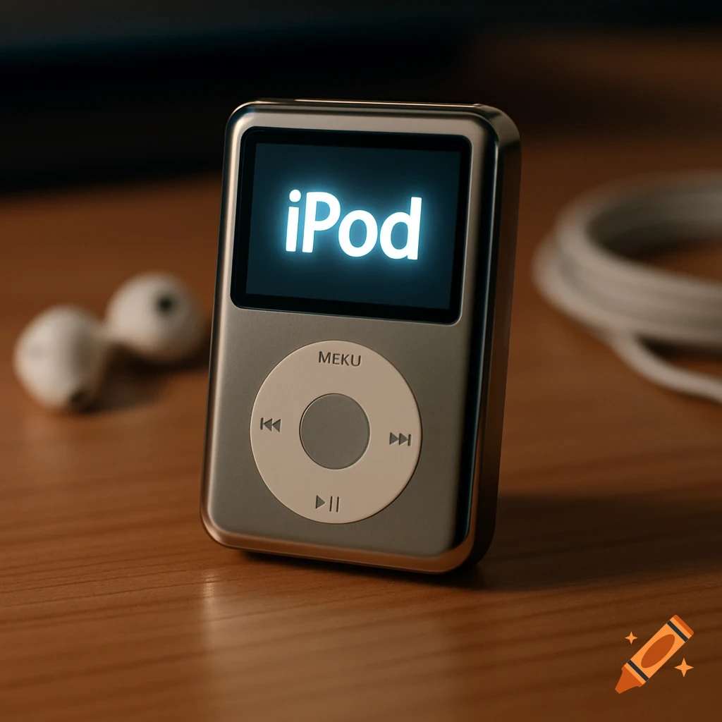A silver iPod-like device displaying 'iPod' on its screen, with white earbuds and a coiled cable in the background on a wooden table.
