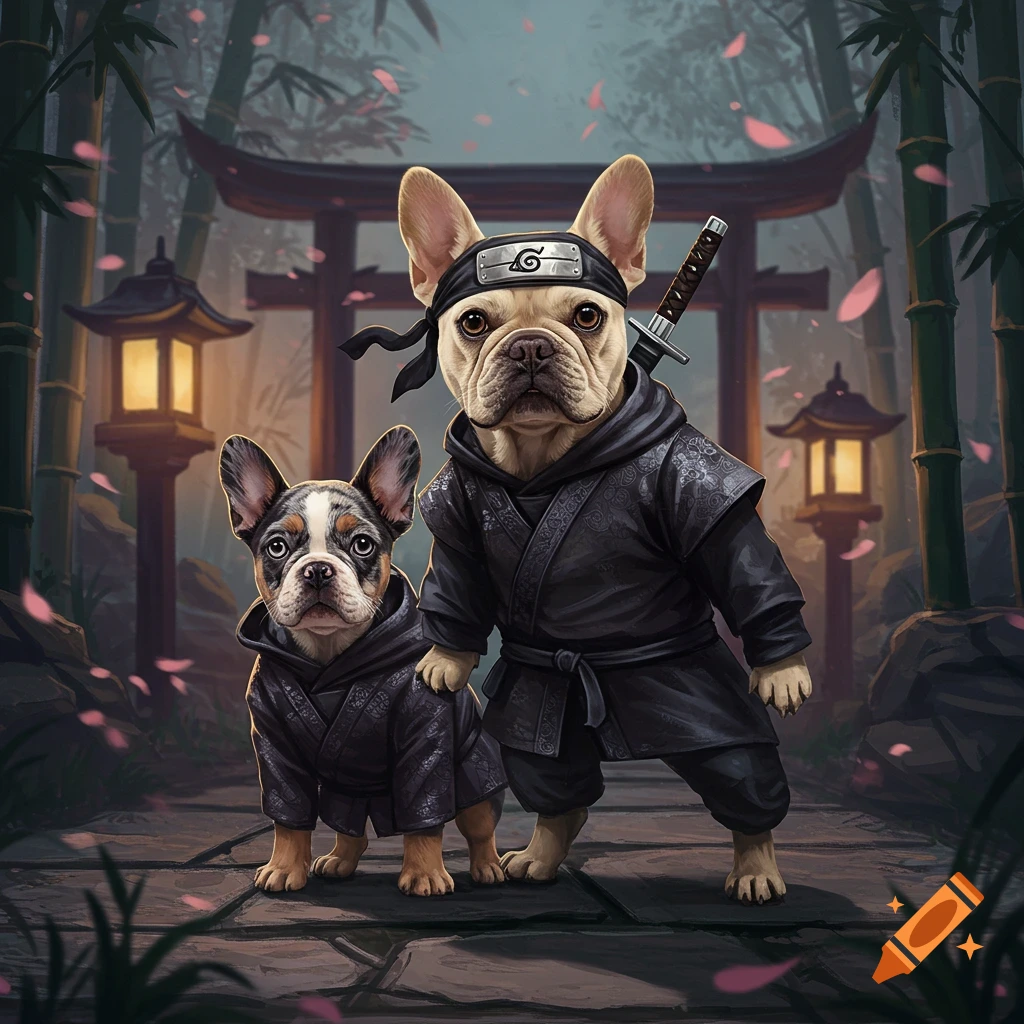 A beige French Bulldog and a merle French Bulldog puppy dressed as ninjas stand in a mystical bamboo forest with a torii gate.
