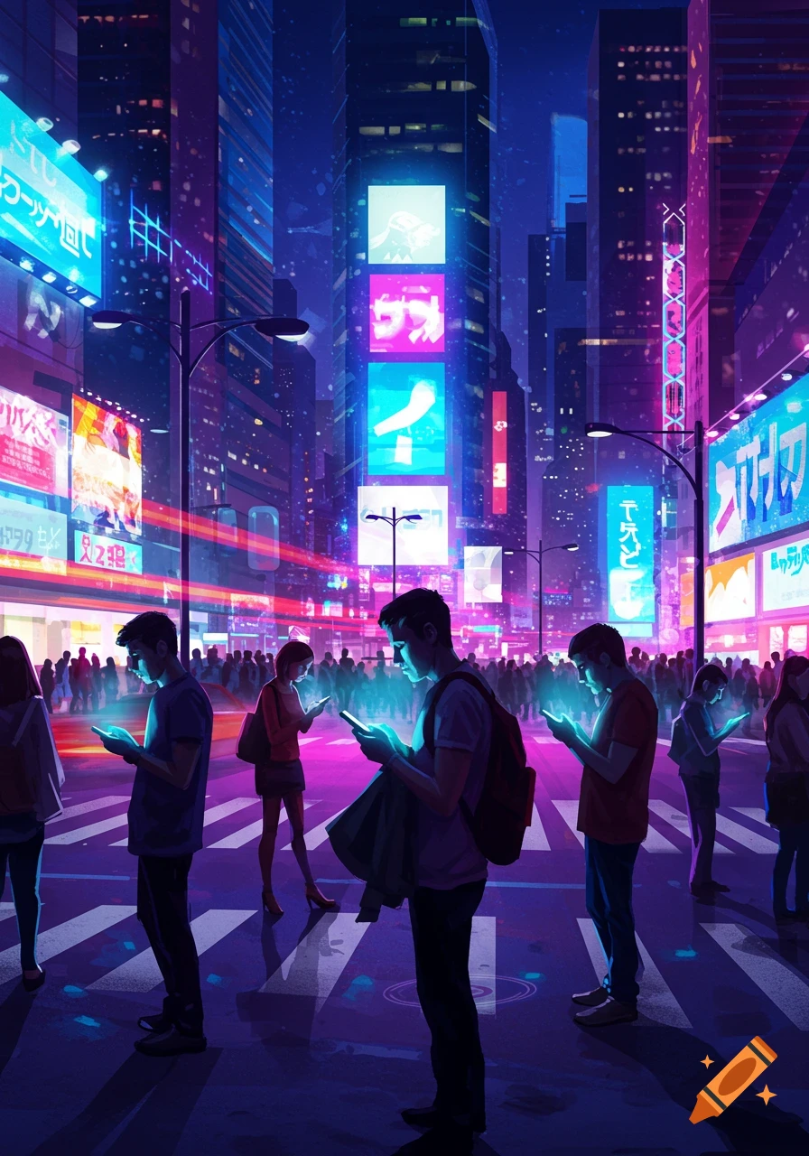 A vibrant, neon-lit cyberpunk city street at night, with a crowd of people looking down at their glowing cellphones.