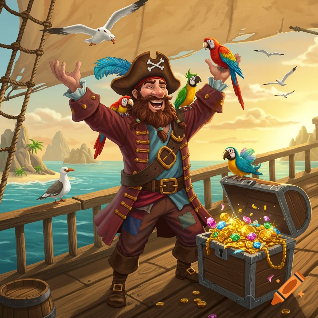 A happy cartoon pirate with a beard and tricorne hat stands on a ship deck, arms raised, surrounded by parrots and a treasure chest brimming with gold and gems.