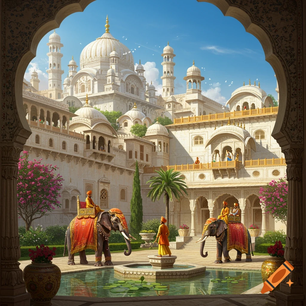 A majestic Indian palace courtyard seen through an archway, with decorated elephants and people by a pond.