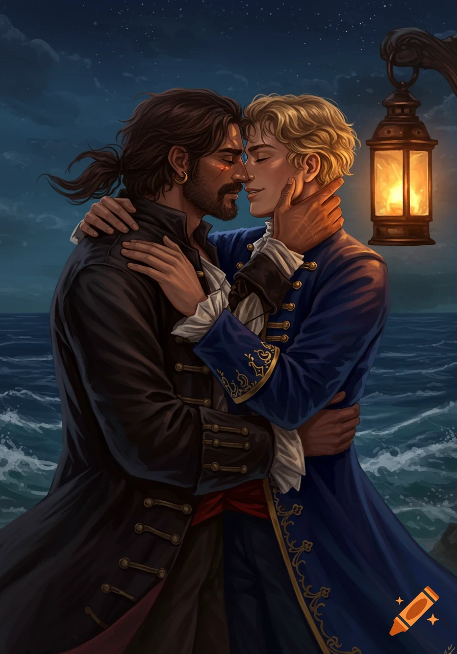 A digital illustration of a pirate and a prince embracing and kissing by the sea at night, lit by a lantern.