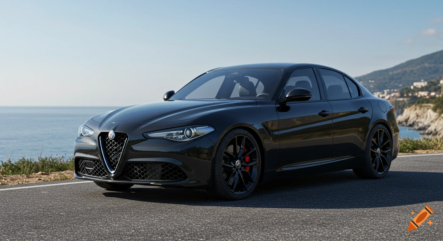 A black Alfa Romeo Giulia car is parked on a coastal road overlooking the sea under a clear sky.