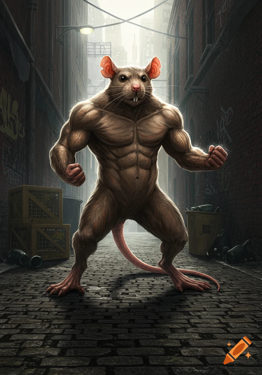 A muscular, anthropomorphic rat stands in a dimly lit city alley, illuminated by an overhead light.