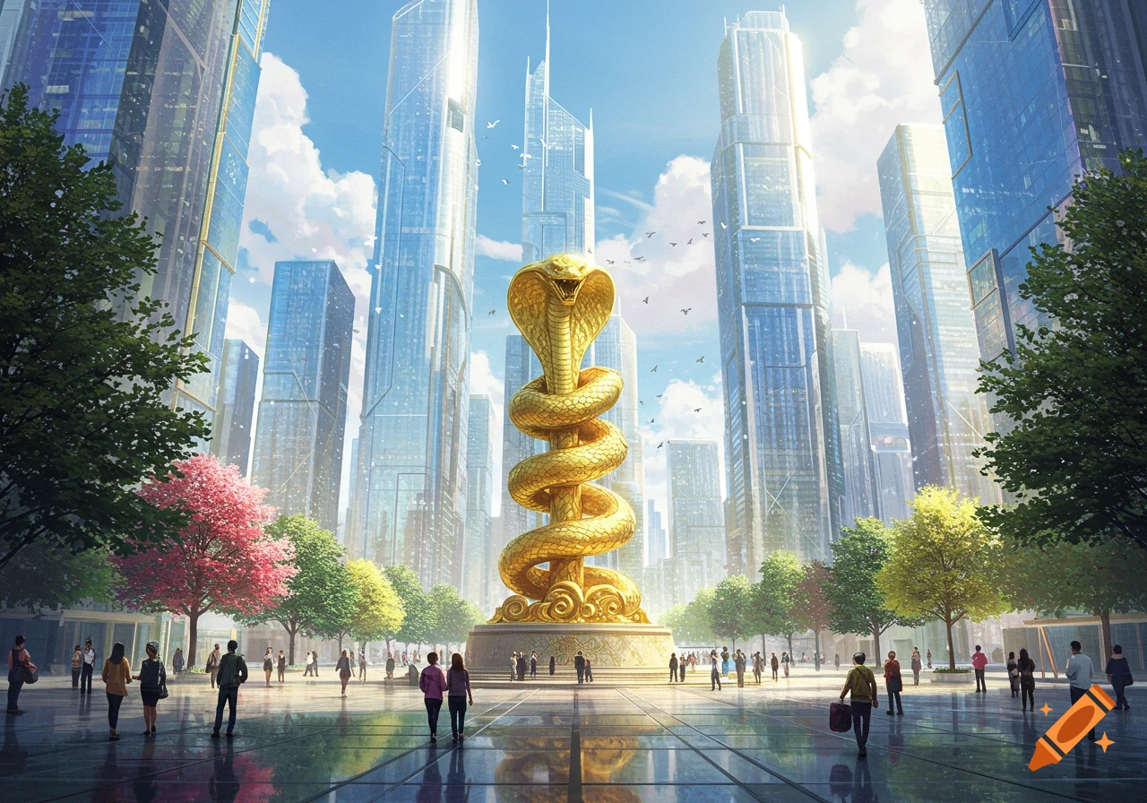 A massive golden cobra statue dominates a modern city square surrounded by towering glass skyscrapers and green trees, with people walking.