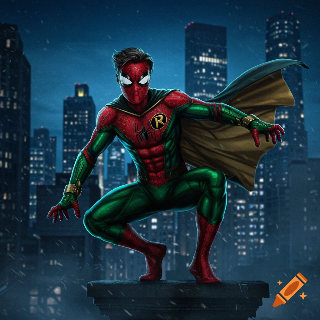 A superhero character combining Spider-Man and Robin, with a red, green, and gold suit, stands on a rooftop in a city at night.