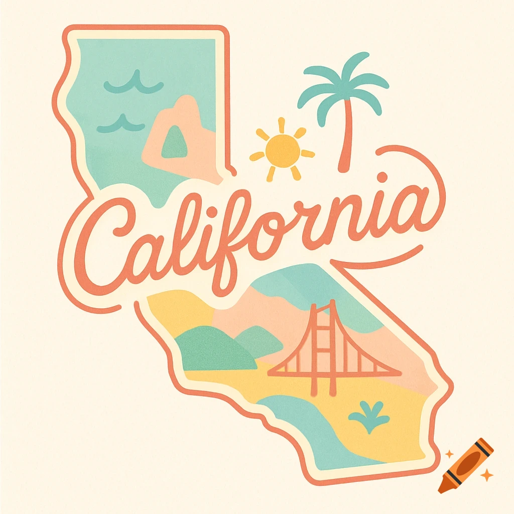 A stylized map outline of California with the word "California" in script font. Inside the map are illustrations of a sun, palm tree, waves, mountains, and the Golden Gate Bridge, in a retro illustration style.