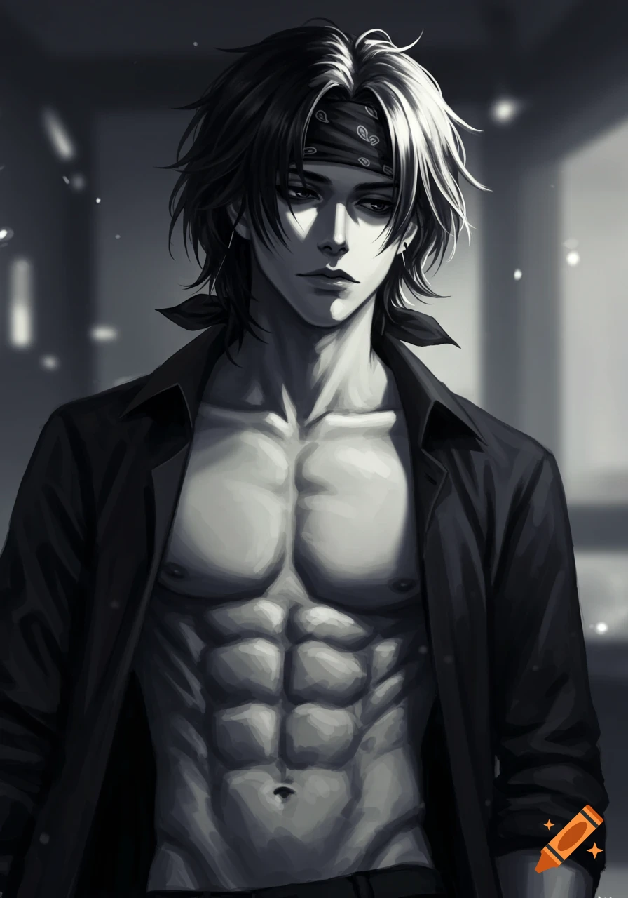 Black and white anime-style drawing of a shirtless man with abs, wearing an open black shirt, a bandana, and shoulder-length dark hair, looking bored.