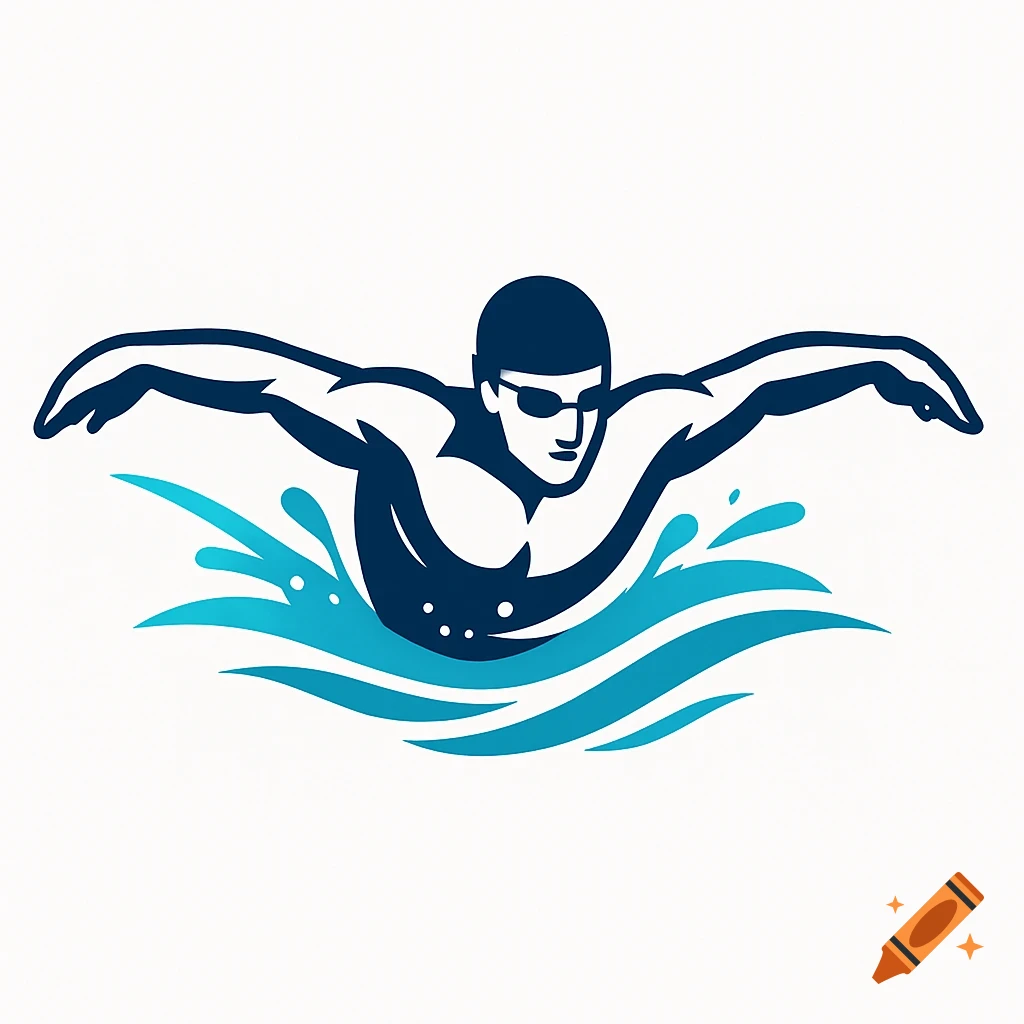 A stylized blue and black logo of a swimmer doing the butterfly stroke in water.