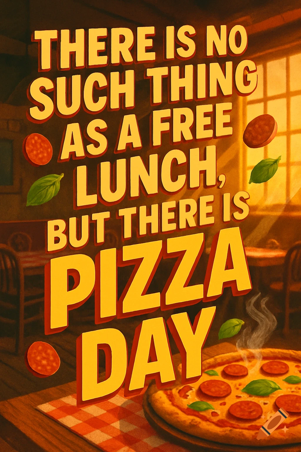 A vintage-style poster in a warm-toned restaurant, featuring the quote 'THERE IS NO SUCH THING AS A FREE LUNCH, BUT THERE IS PIZZA DAY' above a steaming pizza.