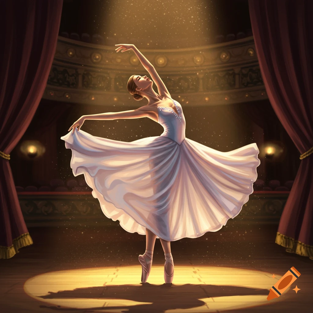 A ballerina in a white dress on pointe, lit by a spotlight on a stage with red curtains.