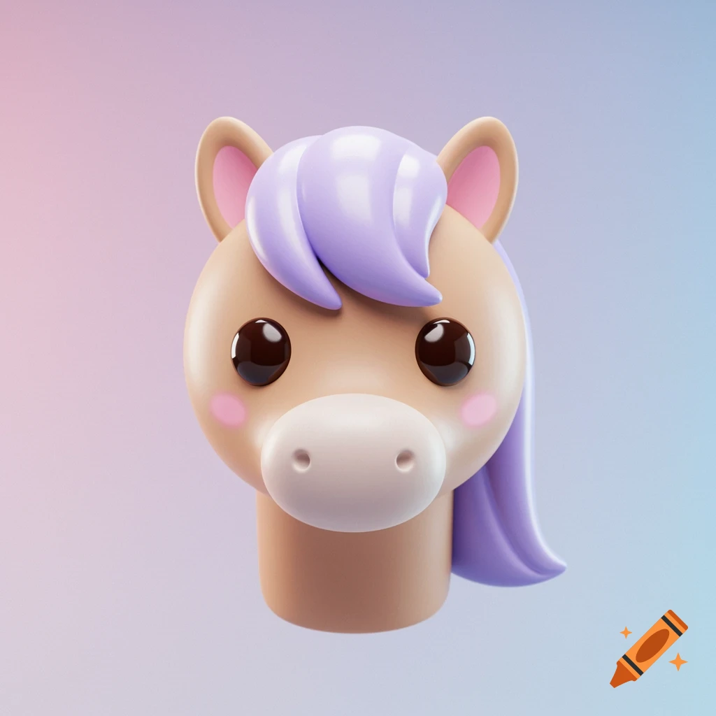 A cute, simplified 3D model of a horse head with a purple mane on a gradient background.
