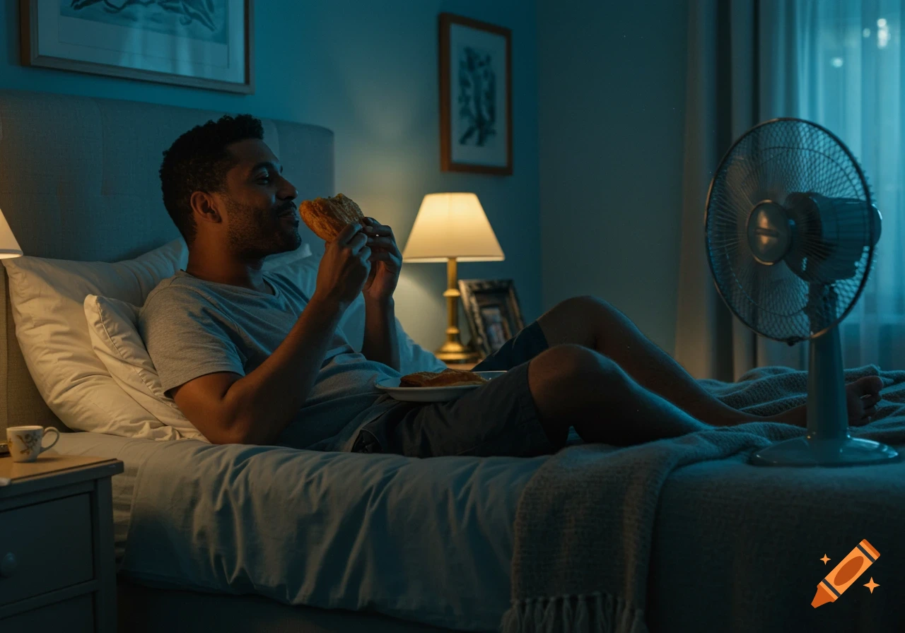 A man is lying in bed, eating a pastry, with a fan blowing next to him in a dimly lit bedroom.