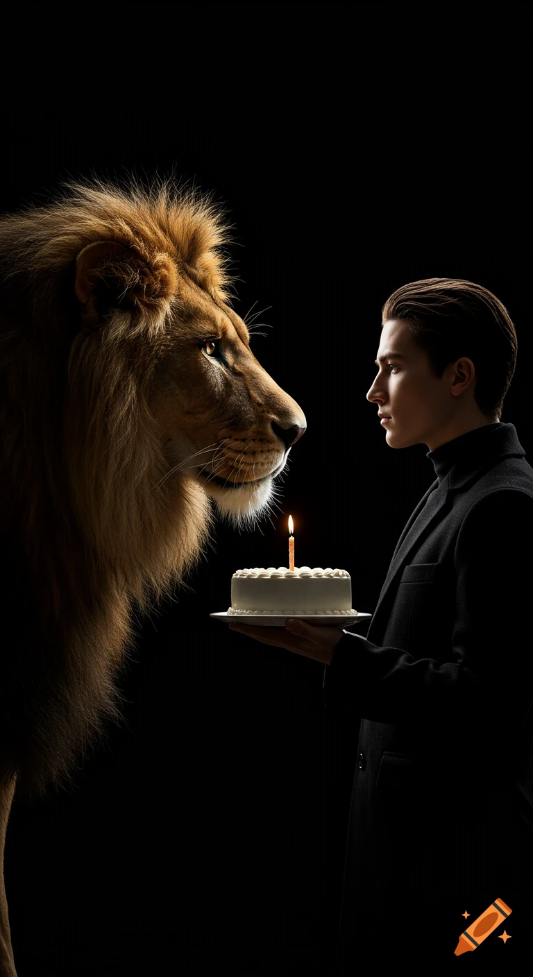 A man in a black coat holds a white birthday cake with a lit candle, facing a large lion. Both are in profile against a dark background, looking at each other.
