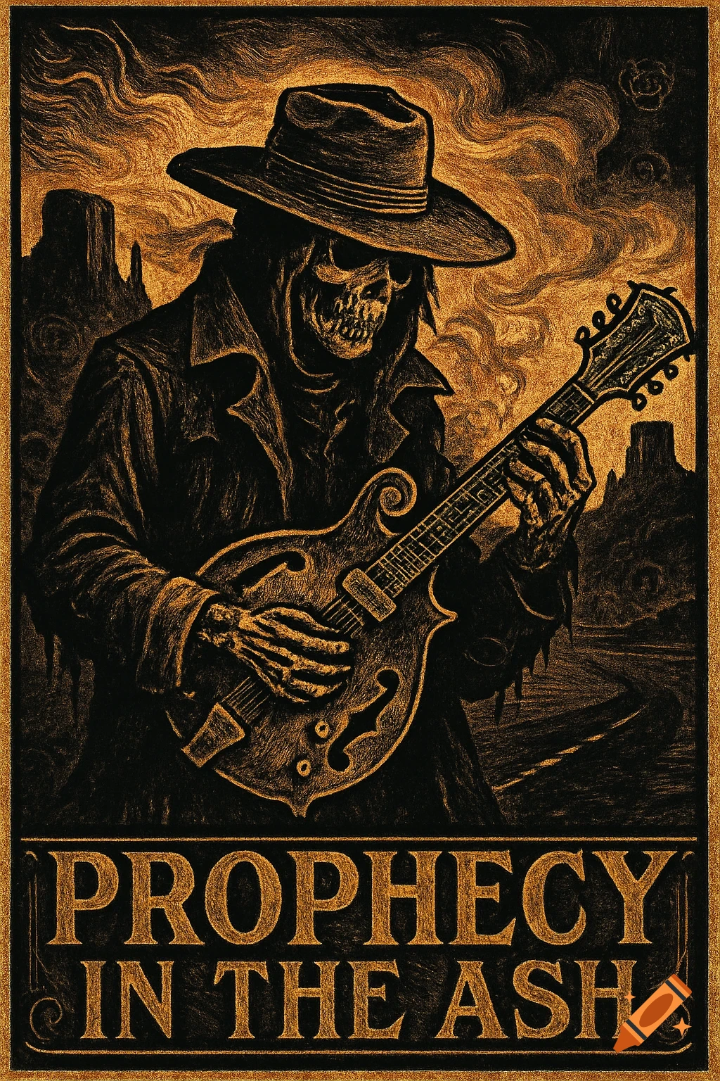 Gothic western illustration of a skeletal figure in a duster playing a mandolin. Text: PROPHECY IN THE ASH.