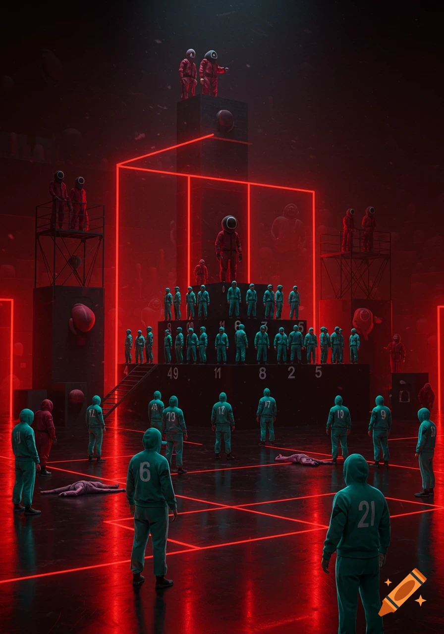 A stylized, dark scene resembling Squid Game with green-suited players and red-suited guards in a futuristic, neon-lit arena with red laser lines.