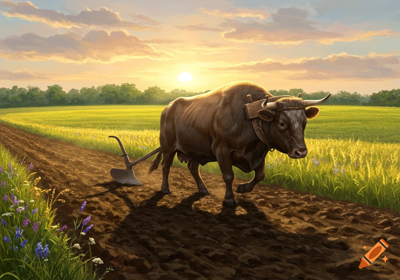 A brown ox plows a field at sunset, walking on a dirt path between green crops, in a painterly style.