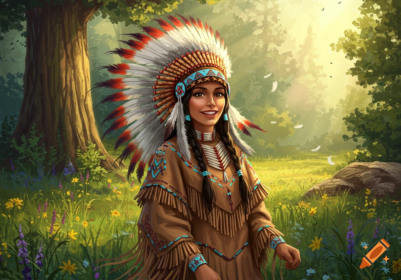A smiling Native American woman wearing a feathered headdress and traditional clothing stands in a sunlit forest clearing.