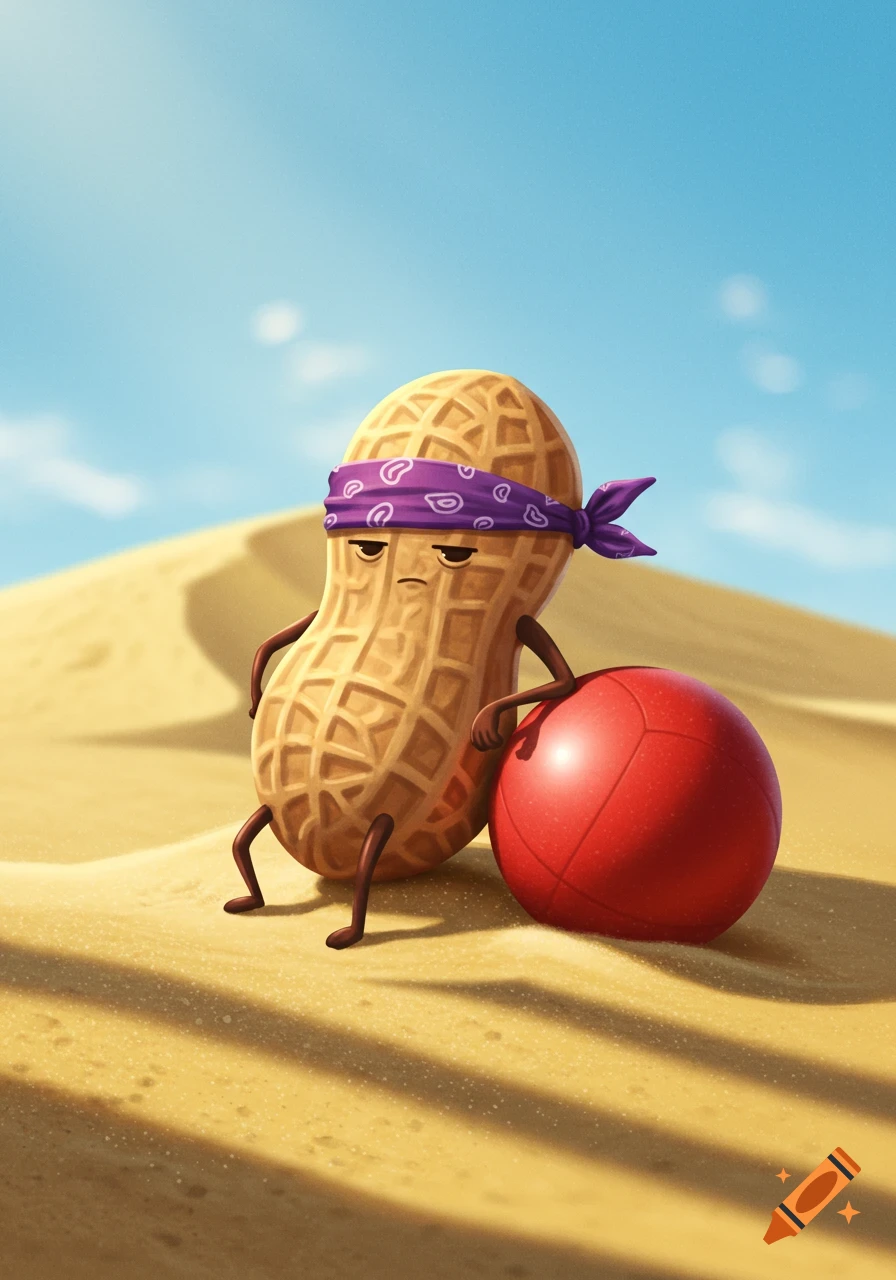 A cartoon peanut with a purple bandana leans against a red dodgeball on sandy dunes under a clear blue sky.