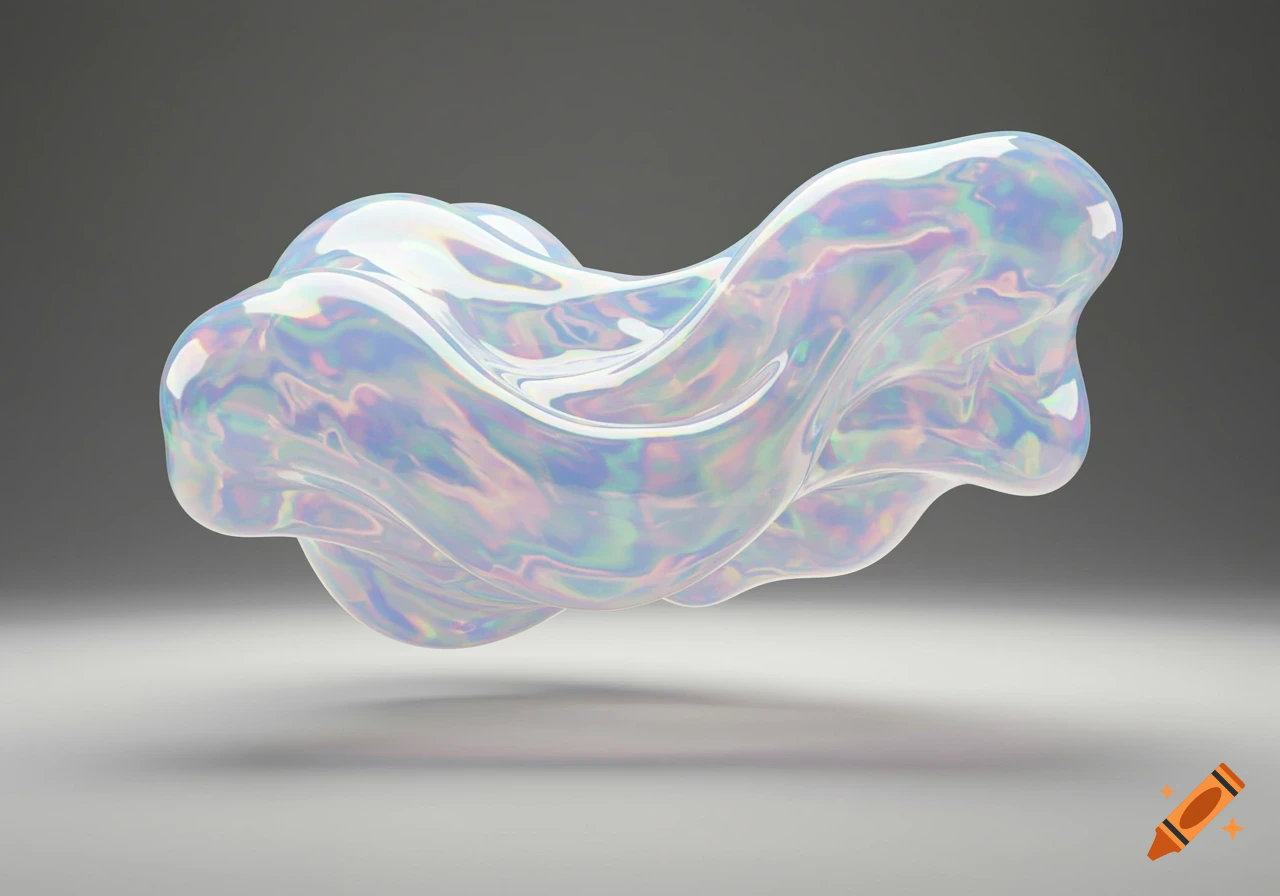 An iridescent, shimmering abstract shape floats on a grey background.