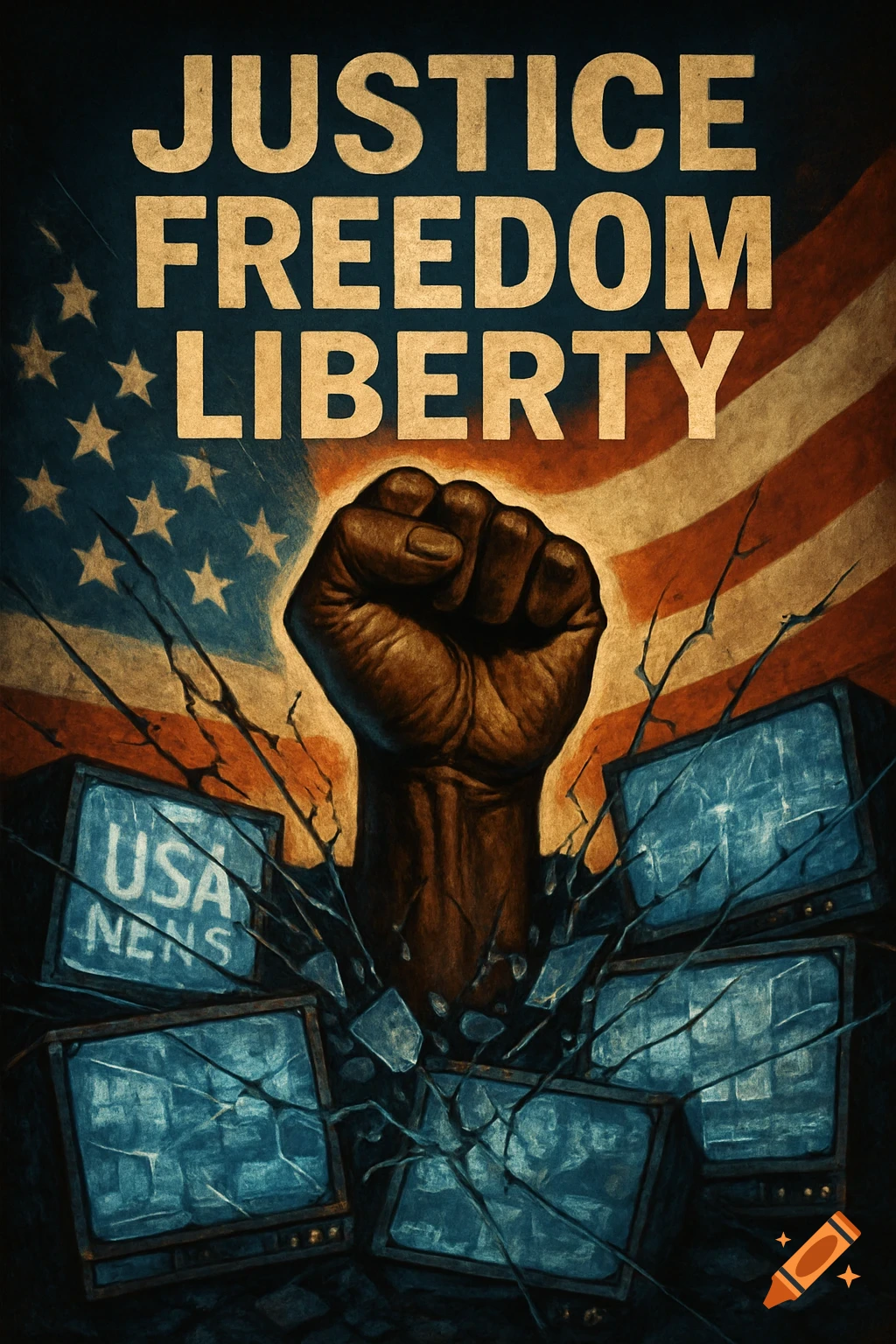 A stylized poster showing a clenched fist breaking multiple TV screens, with 'JUSTICE FREEDOM LIBERTY' text above and an American flag background.