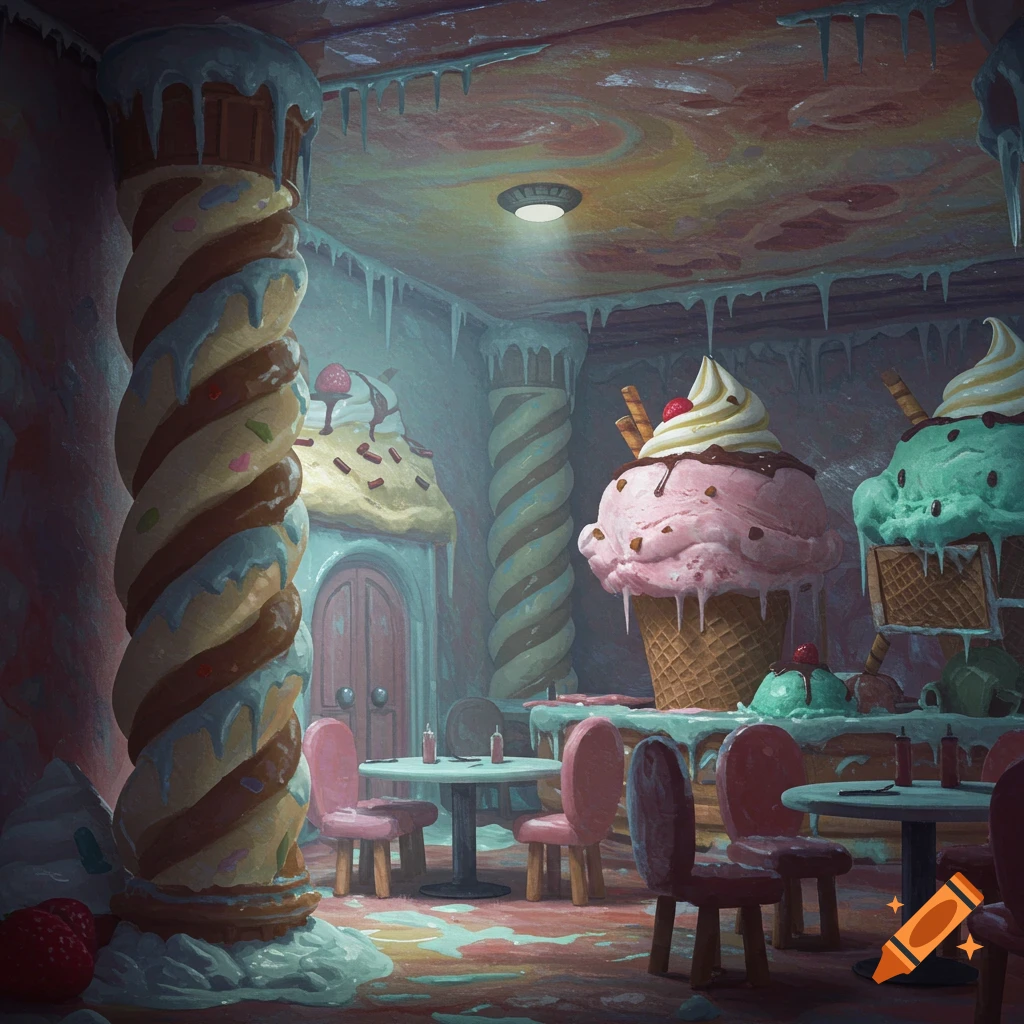 A creepy ice cream parlor with giant ice cream cones, candy pillars, and melting ice cream on the floor, in a stylized art style.