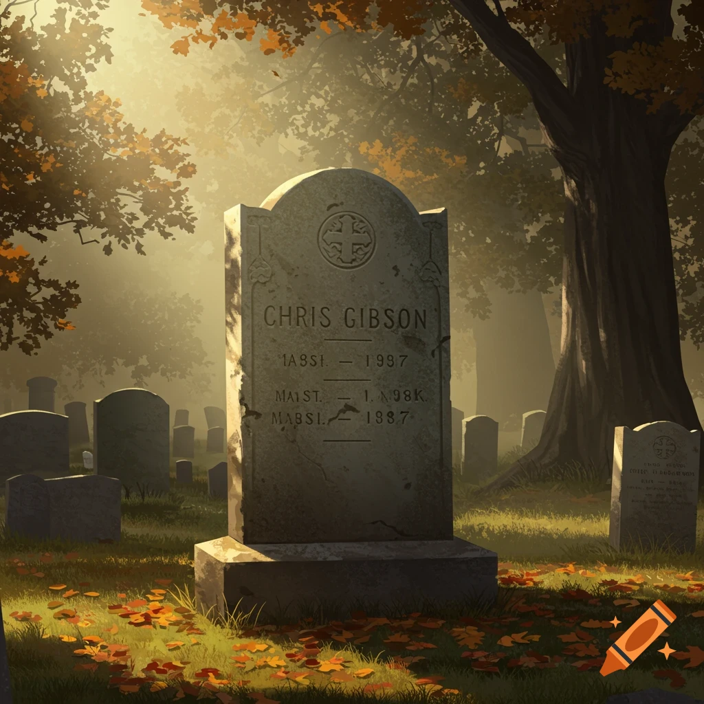 A sunlit graveyard scene in autumn with a prominent headstone for 'Chris Gibson', surrounded by fallen orange leaves.