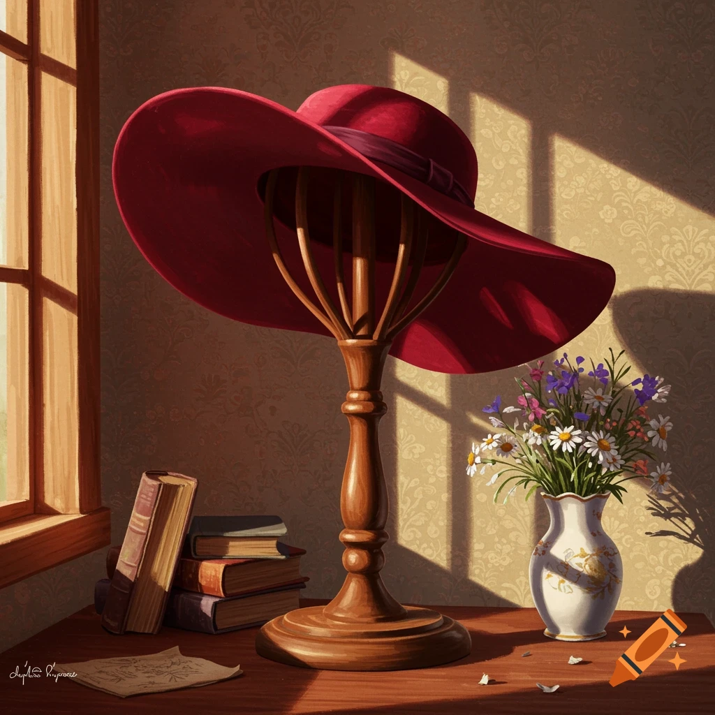 A wide-brimmed red hat on a wooden stand sits on a sunlit table next to a stack of books, a vase of colorful flowers, and a window.
