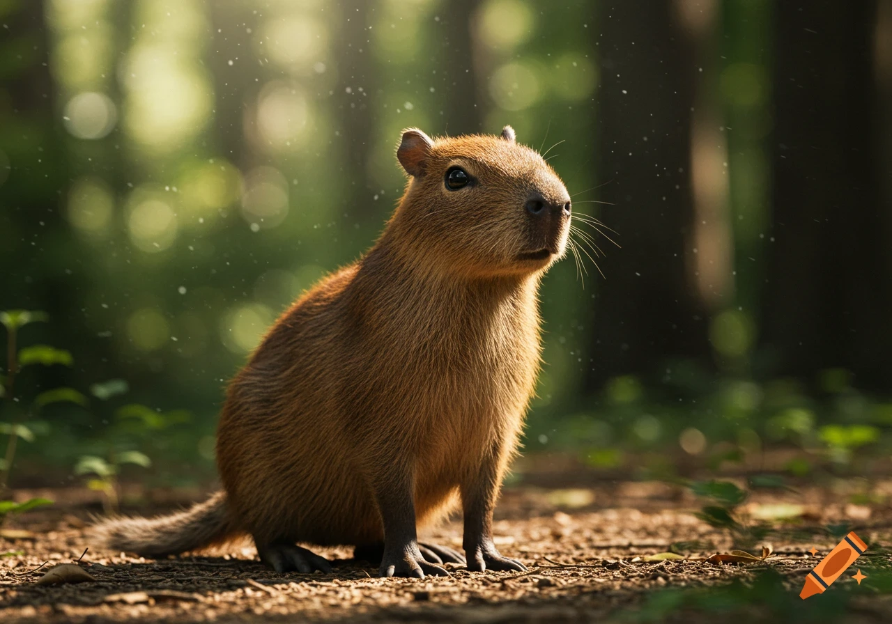 A photorealistic capybara sits on a sunlit forest floor, with dappled light and dust particles in the air.