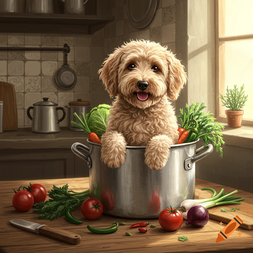 A cute fluffy Labradoodle puppy sits in a large cooking pot surrounded by fresh vegetables on a wooden kitchen counter.
