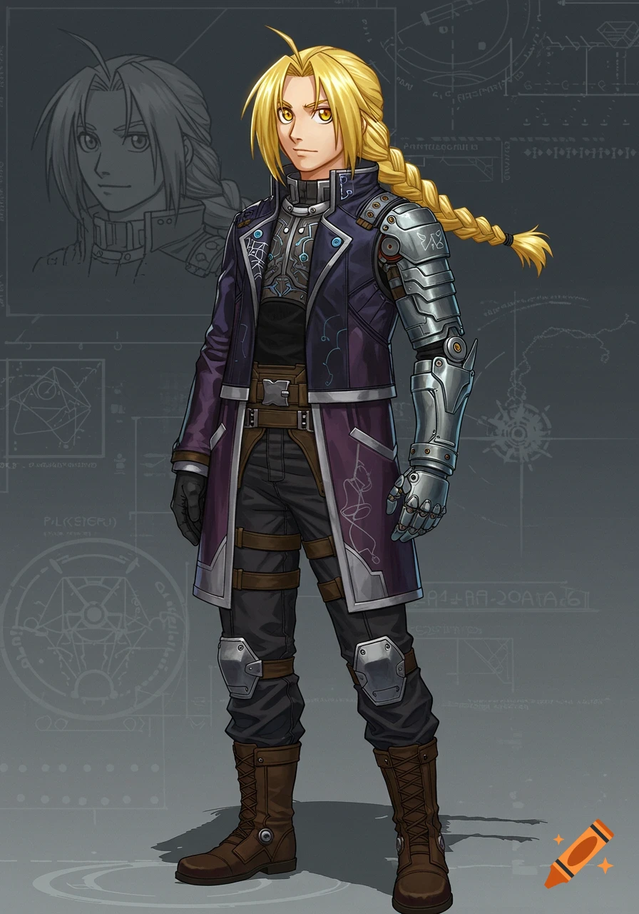 Anime character with blonde braided hair, purple coat, and silver automail arm, standing against a background of technical schematics.
