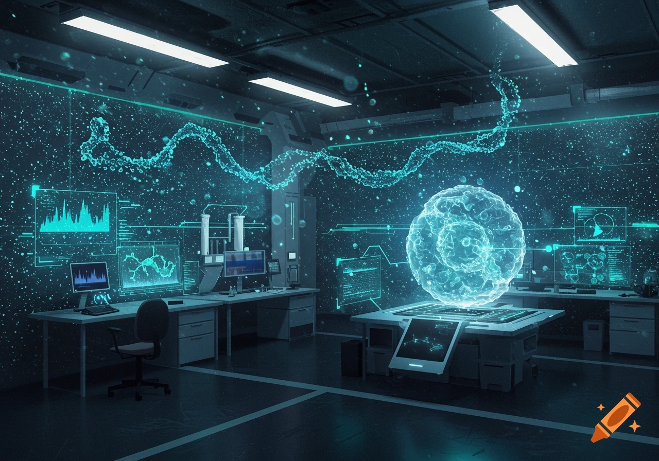 A futuristic, dark laboratory with glowing blue data streams, computers, and a large translucent orb emitting light.