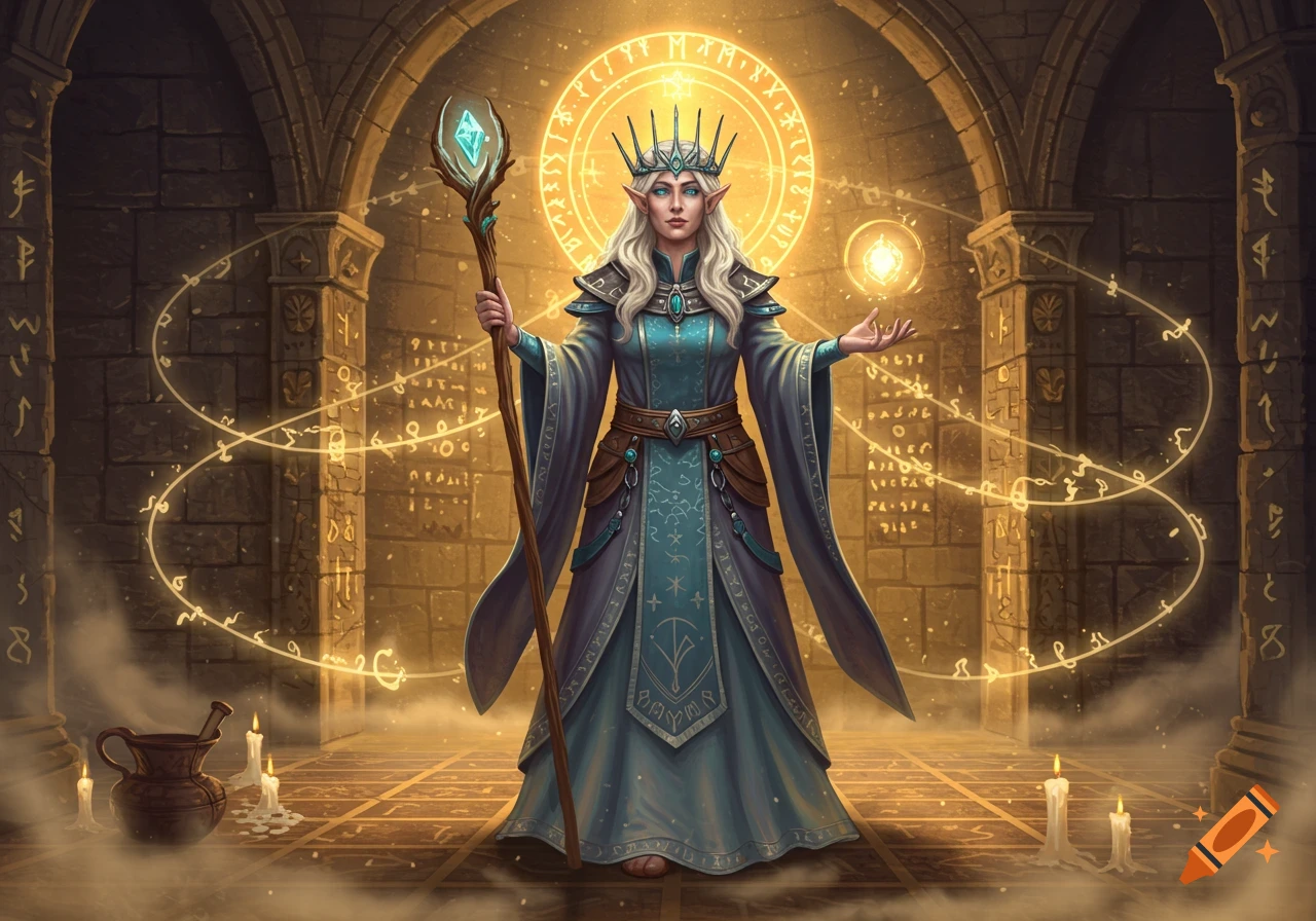 A powerful elf-like wizard queen stands in a mystical temple, holding a glowing staff and casting magic, surrounded by golden runes.