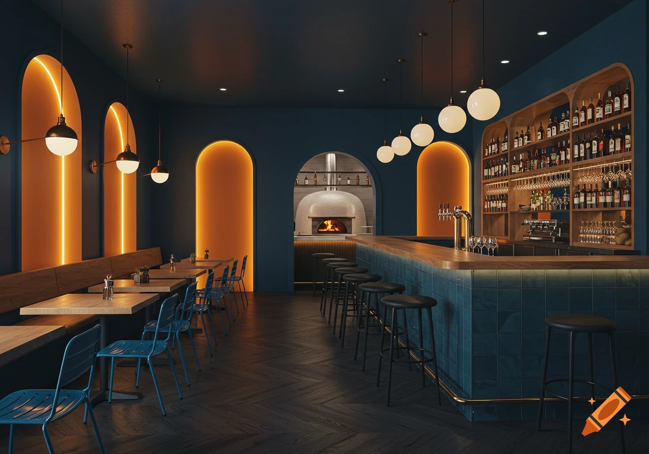 A modern restaurant and bar interior with dark blue walls, orange lit arches, wooden tables, blue chairs, a long bar, and a pizza oven.