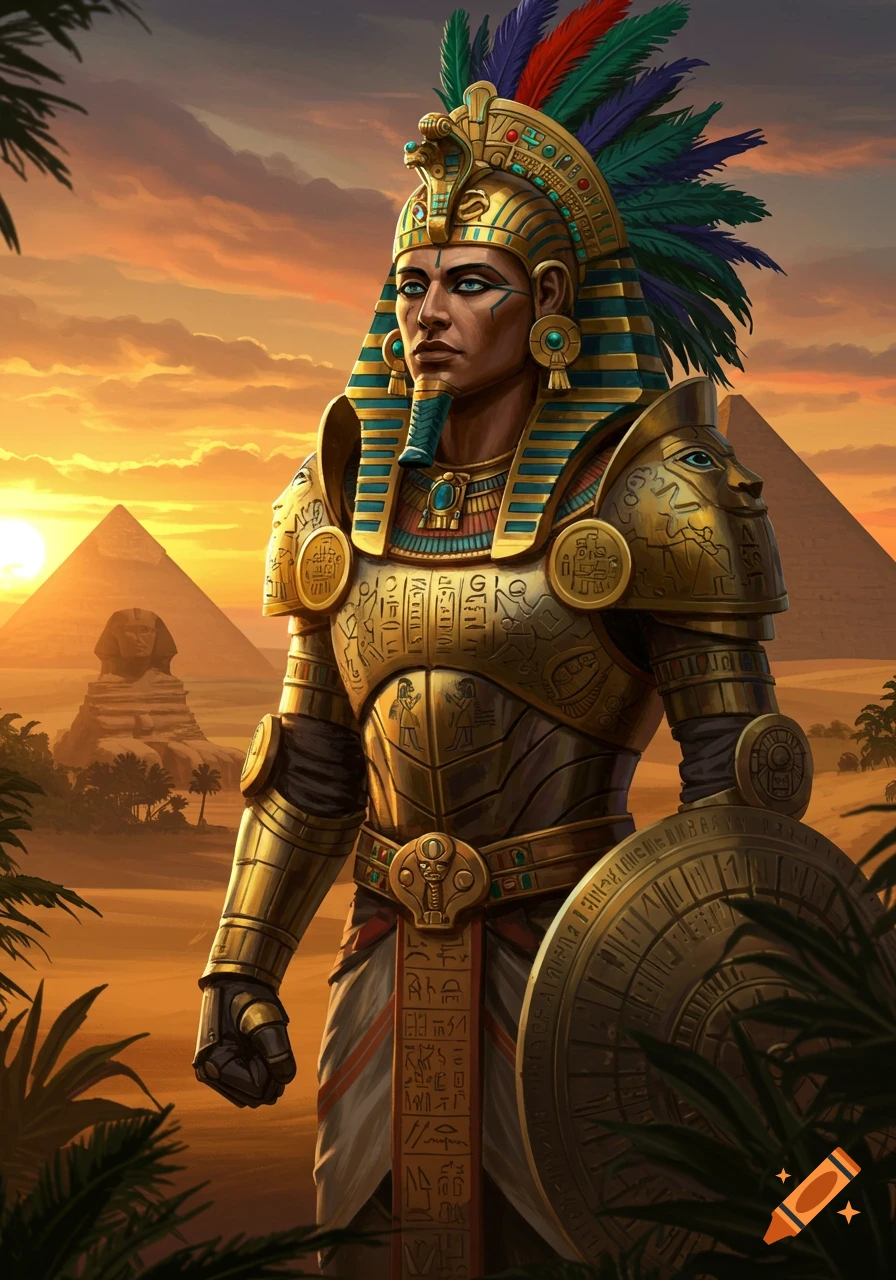 A majestic fantasy warrior in golden Egyptian-Mayan armor with a feathered headdress stands against a desert sunset with pyramids and a sphinx in the background.