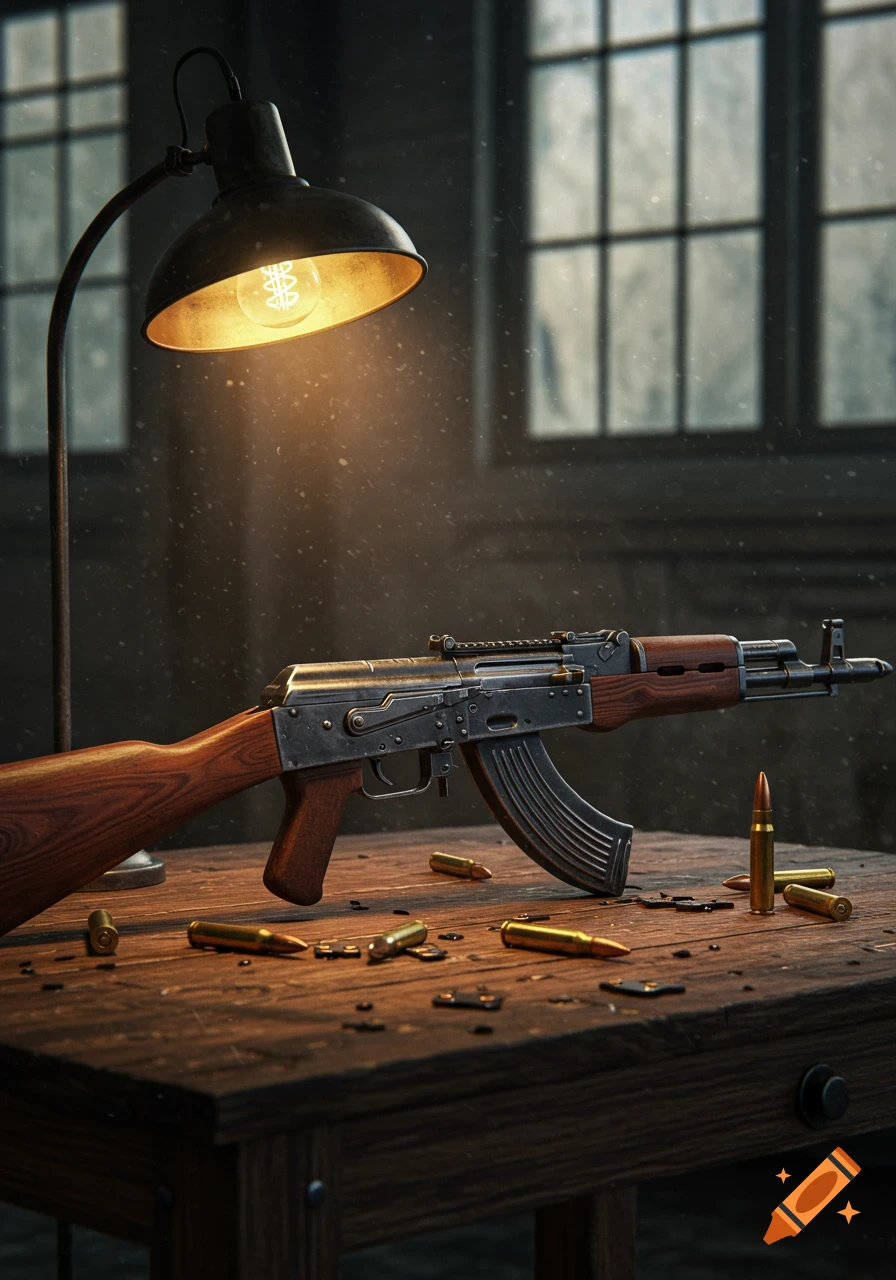 Photorealistic image of an AK47 rifle and bullets on a wooden table, lit by a desk lamp in a dimly lit room.