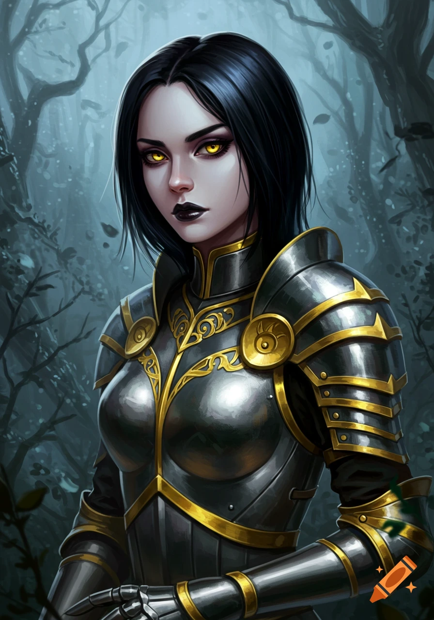 A dark fantasy portrait of a goth girl with black hair and glowing yellow eyes, wearing ornate silver and gold armor in a misty forest.