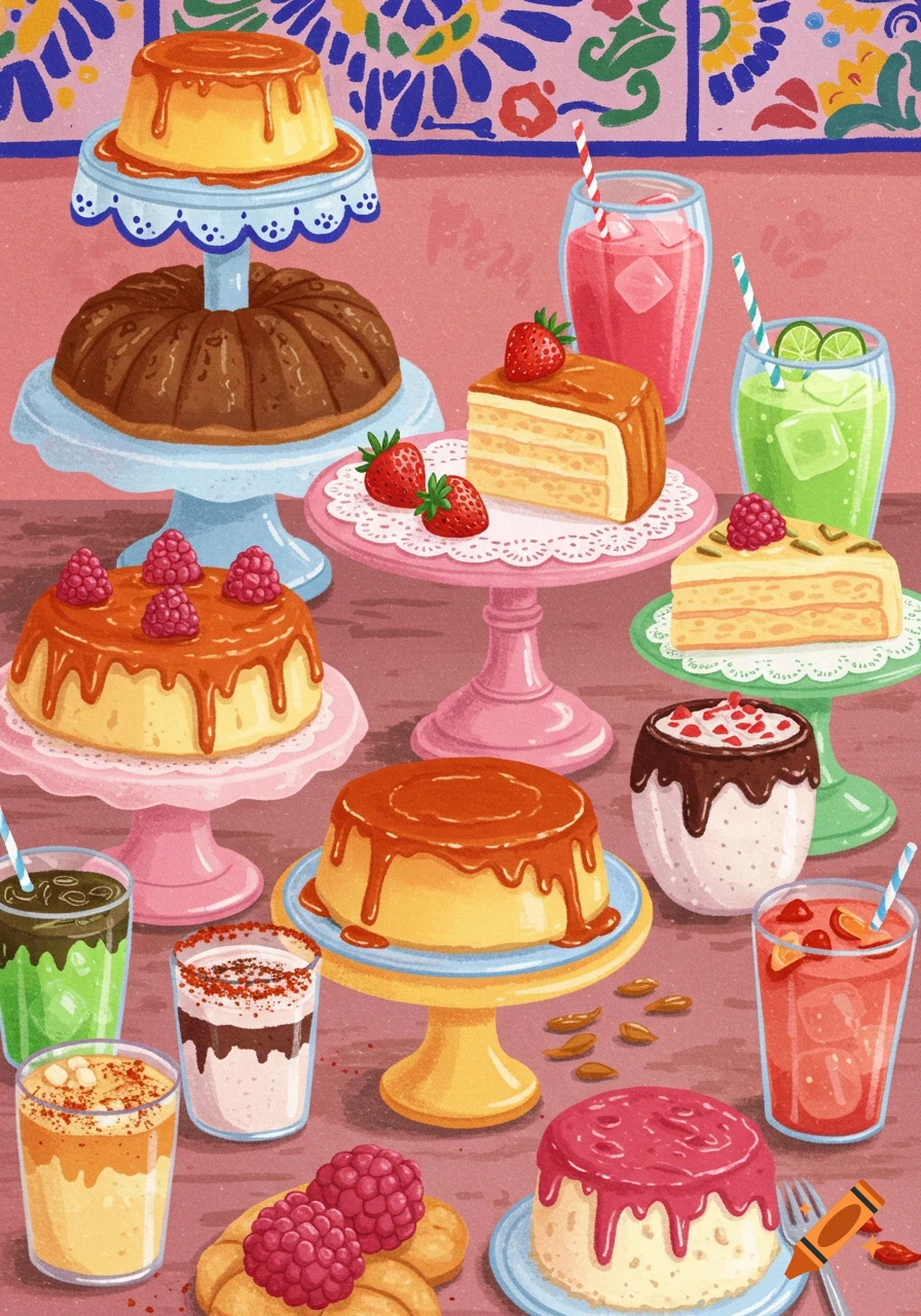 Vibrant illustration of Mexican desserts and drinks, including flan and cakes, on stands with Talavera-style decor.