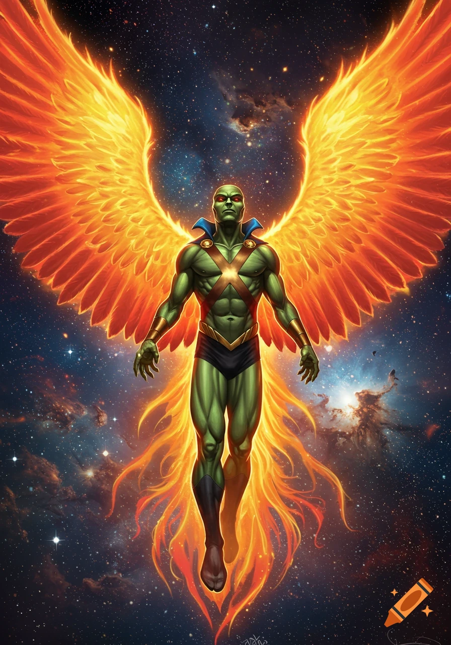 A green-skinned superhero with red eyes and fiery wings stands against a cosmic background, emanating fire from his body. Comic book style.